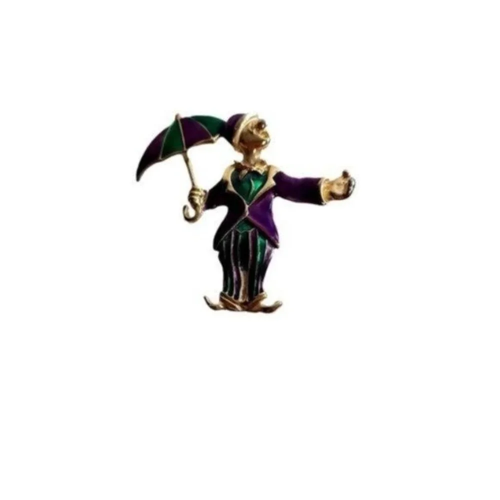 Vintage Clown with Umbrella Enameled Brooch 1950's‎ Gold Tone Colorful Purple